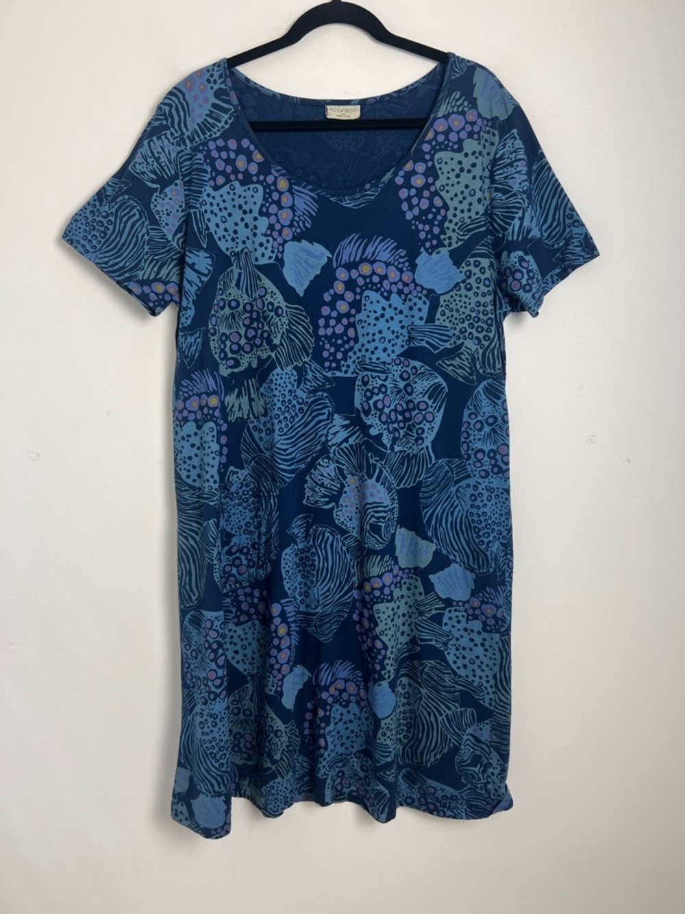 ICantoo 2X Blue Sea Life Print Short Sleeve 100% Cotton Beachy Shift Dress